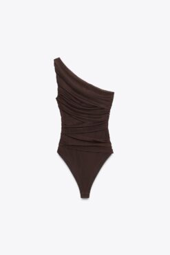 BODYSUIT VẢI TULLE XẾP NẾP CỔ LỆCH